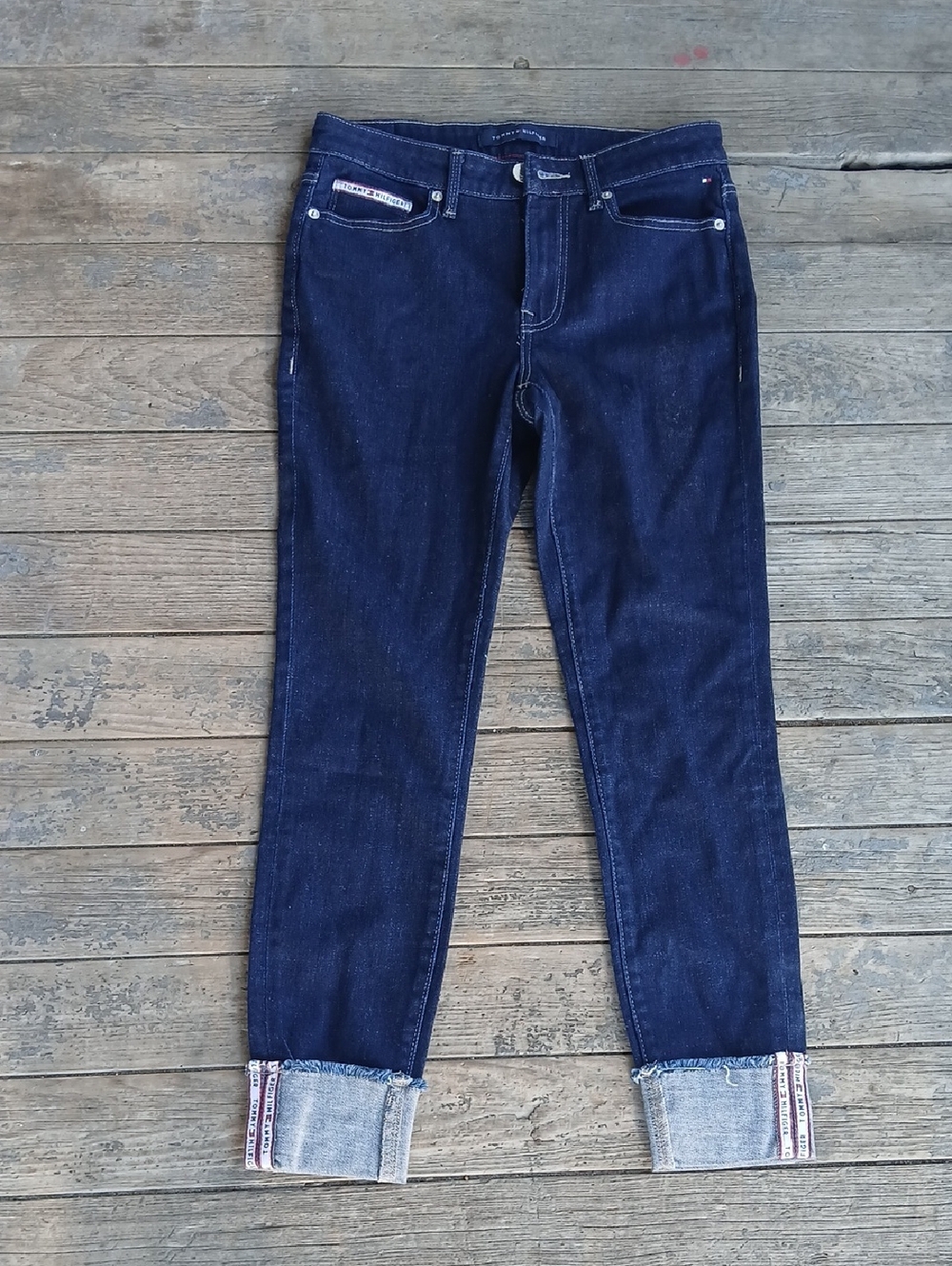 Tommy Hilfiger Navy Blue Cropped Cuffed Denim Jeans with Red White Blue Accent